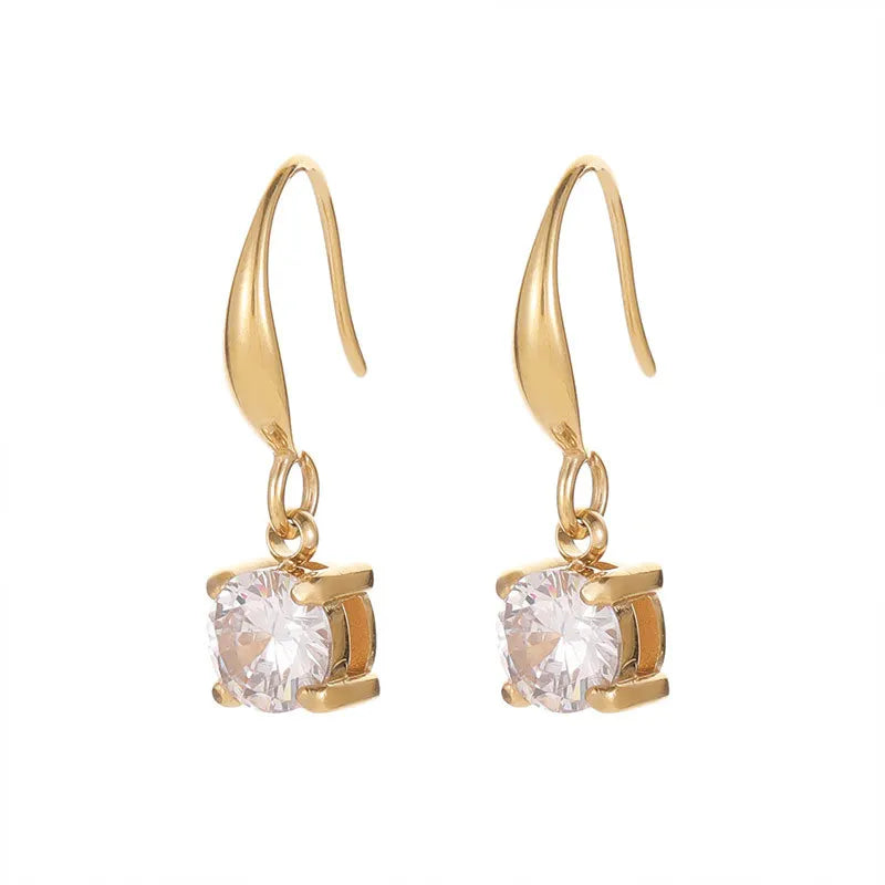 Exquisite Luxury Bezel Set Solitaire Round Zircon Stainless Steel Gold Plated Drop Dangle Huggie Earrings for Women