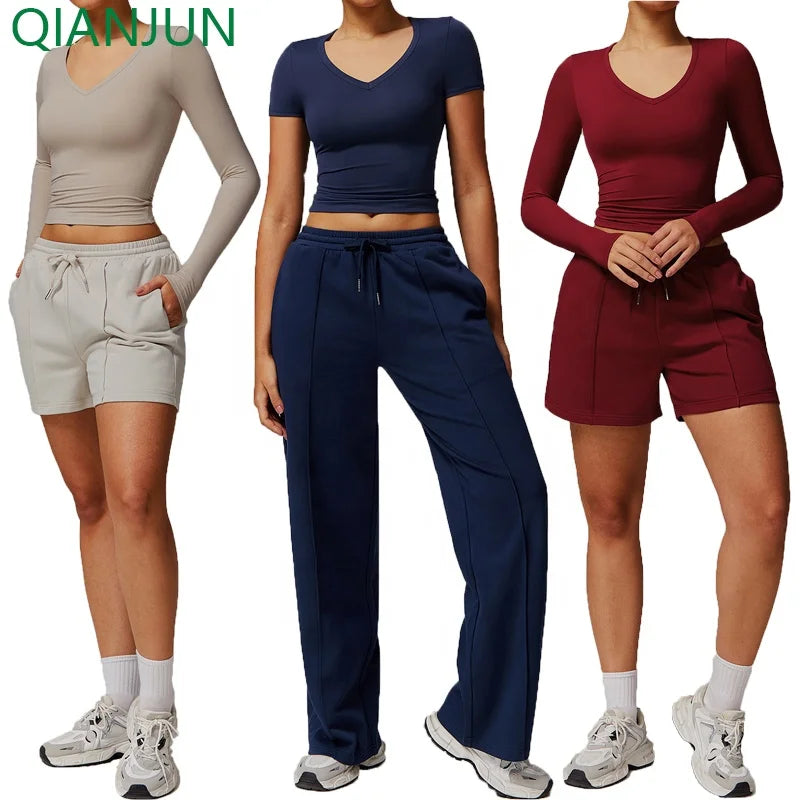 2025 Wholesale Women Sports Yoga Set Long Sleeve Top Outdoor Pants Gym Fitness Sets 4Piece Clothing Sets for Women