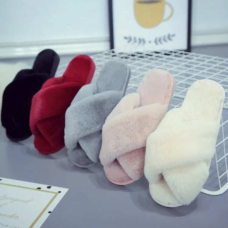 Comfortable Cross Band Memory Foam Furry Plush Fur Anti-Slip Spring/Autumn Lightweight Slide Custom Fluffy Ladies Home for