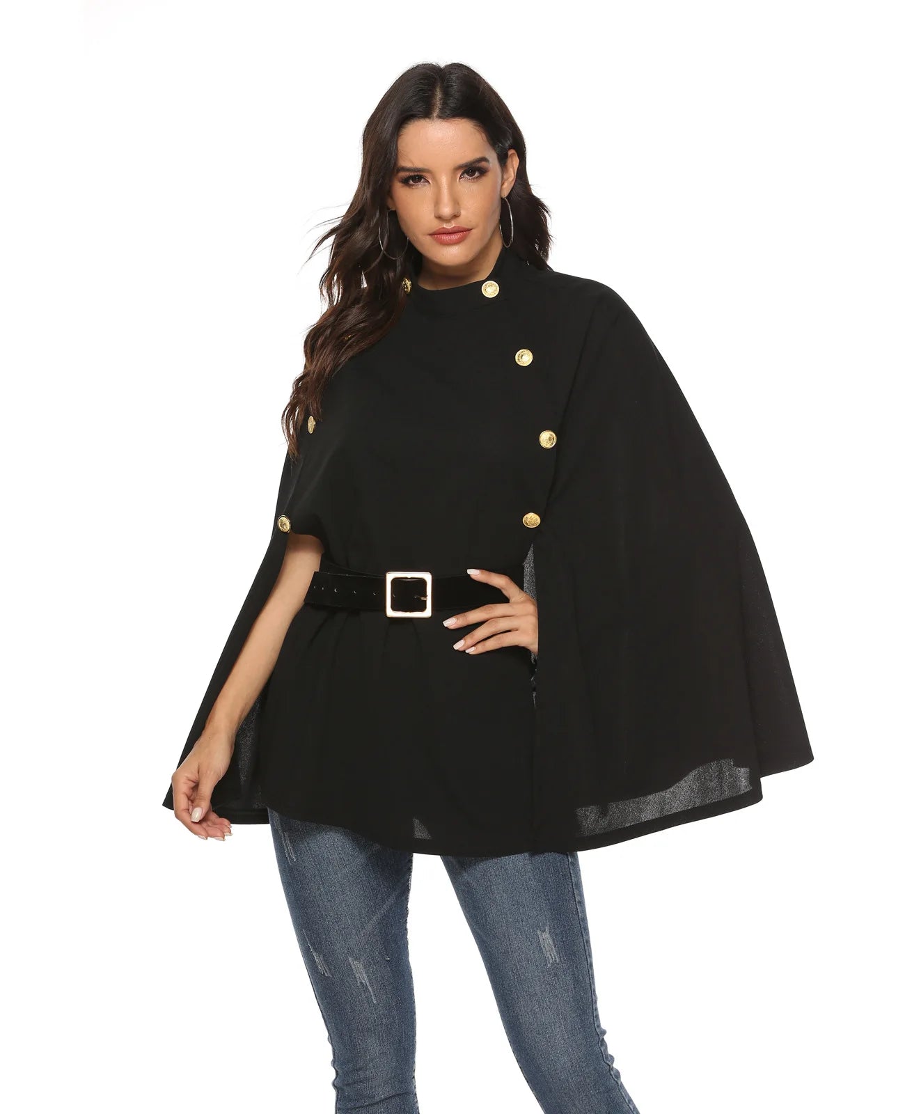 Stylish Women's Long Parka Poncho Jacket Plaid Print. Quick Dry Woven Fabric Puff Sleeves V-Neck Collar for Sophisticated