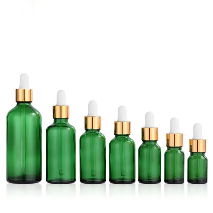 In Stock 5ml 10ml 15ml 20ml 30ml 50ml 100ml Green Glass Essential Oil Dropper Bottle With Gold Dropper