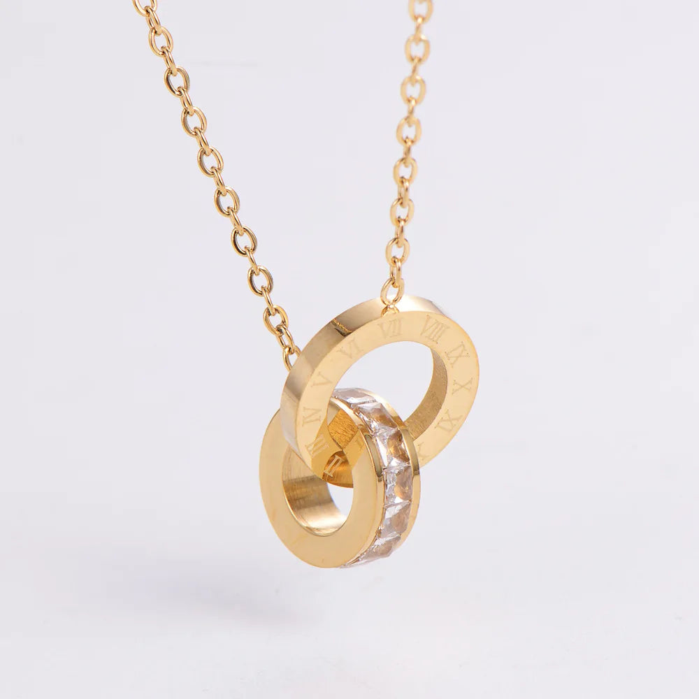 Stainless Steel 14k Gold Plated Round Circle Pendant Zircon Diamond Roman Numerals Necklace for Women