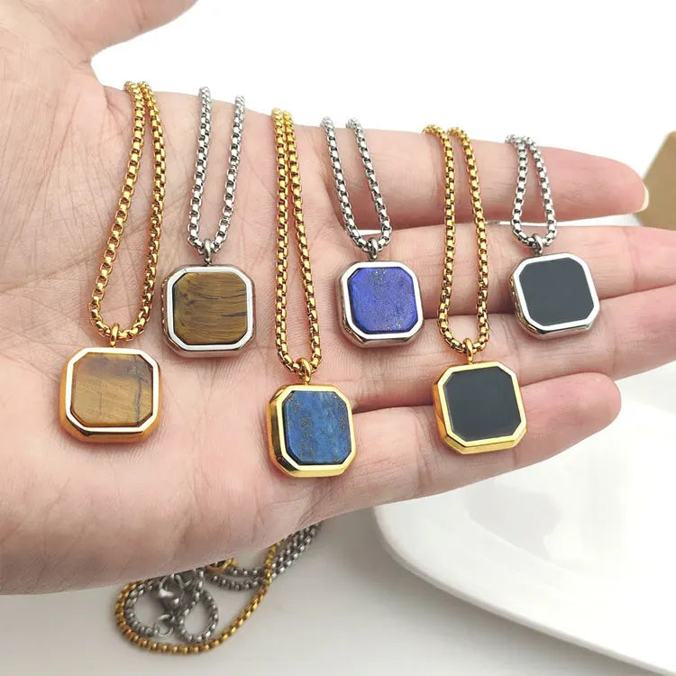 Fashion Natural Square Tiger Eye Stone Black Onyx Pendant Necklace No Fade Stainless Steel Blank Square Pendant Necklace for Men