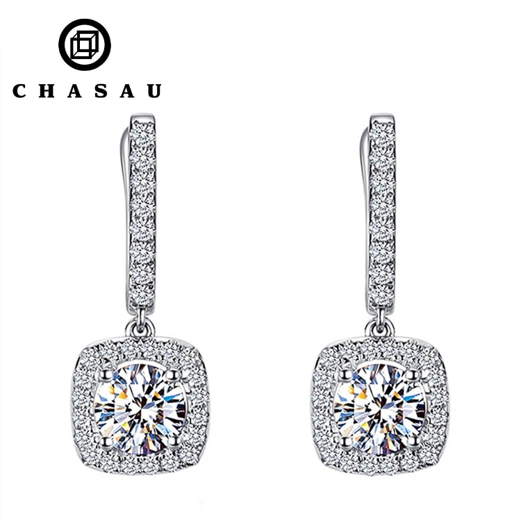 Hot Sale Classic 6.5mm 1ct Moissanite 925 Sterling Silver halo Square Drop Earrings for Women