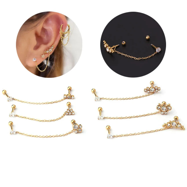 New Design Ear Piercing Detachable Chain Earring Unique Hypoallergenic Stainless Steel Double Piercing Zircon Stud Earring