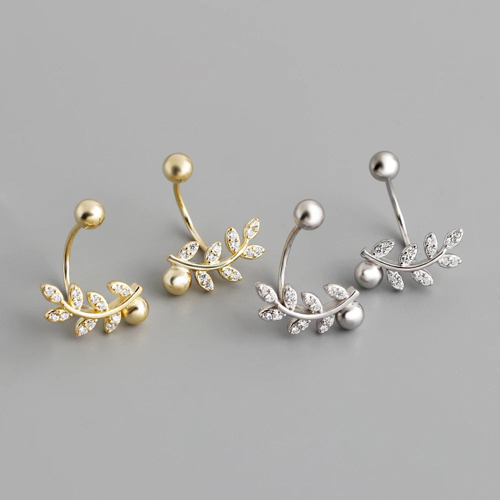 Fashion Jewelry 925 Sterling Silver Minimalist Small Zircon Branch Leaf Shape Ball Piercing Screwbacks Stud Earring Jewelry