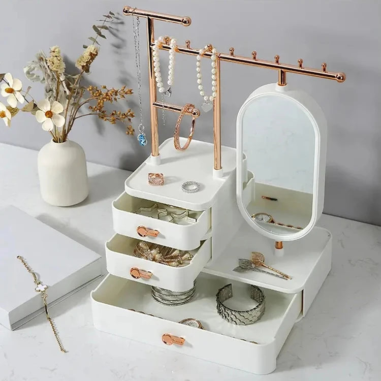 Earring Holder Necklace Display Stand Dresser Cosmetic Case Storage Holder Multidrawers Makeup Jewelry Organizer with Mirror
