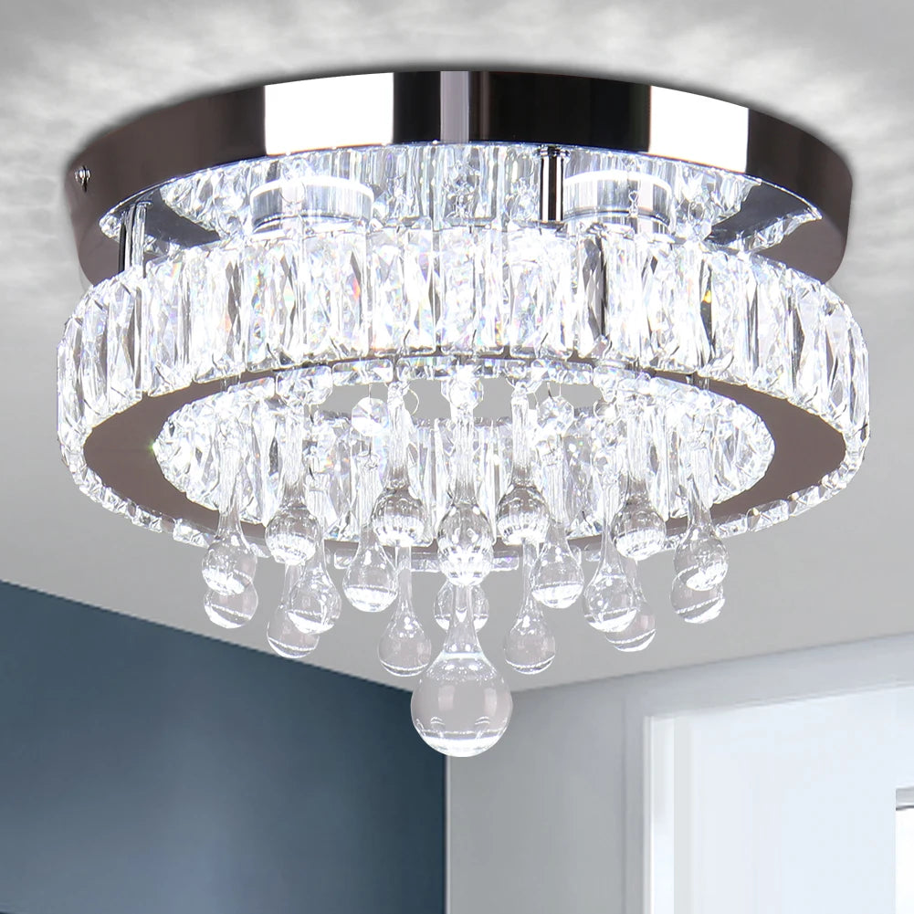Dining Room Bedroom Living Room Chandelier 11.8" Small Crystal Ceiling Light LED Crystal Flush Mount Light Fixture
