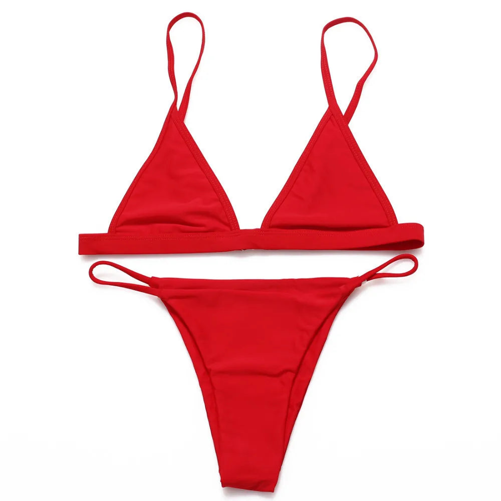 Luxury Pure Color Adjustable Straps Swimsuit V-Neck Spaghetti Strap Thong Bikini Women Customized Swimwear