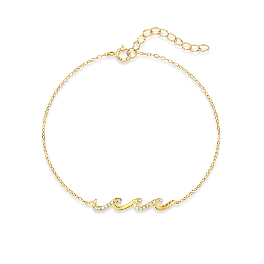 925 Sterling Silver 18K Gold Plated Zircon Summer Wave Pendant Bracelet for Women Trendy Chain & Link Jewelry Anniversary