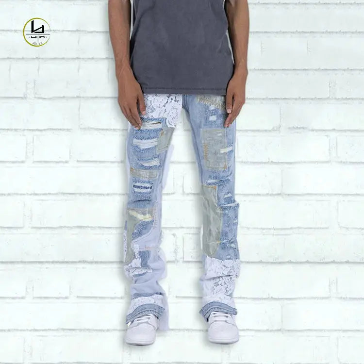 Streetwear Casual Men's Jeans Designer Style Ripped Patchwork Stack Denim Pants Lace Patch Jeans Flare