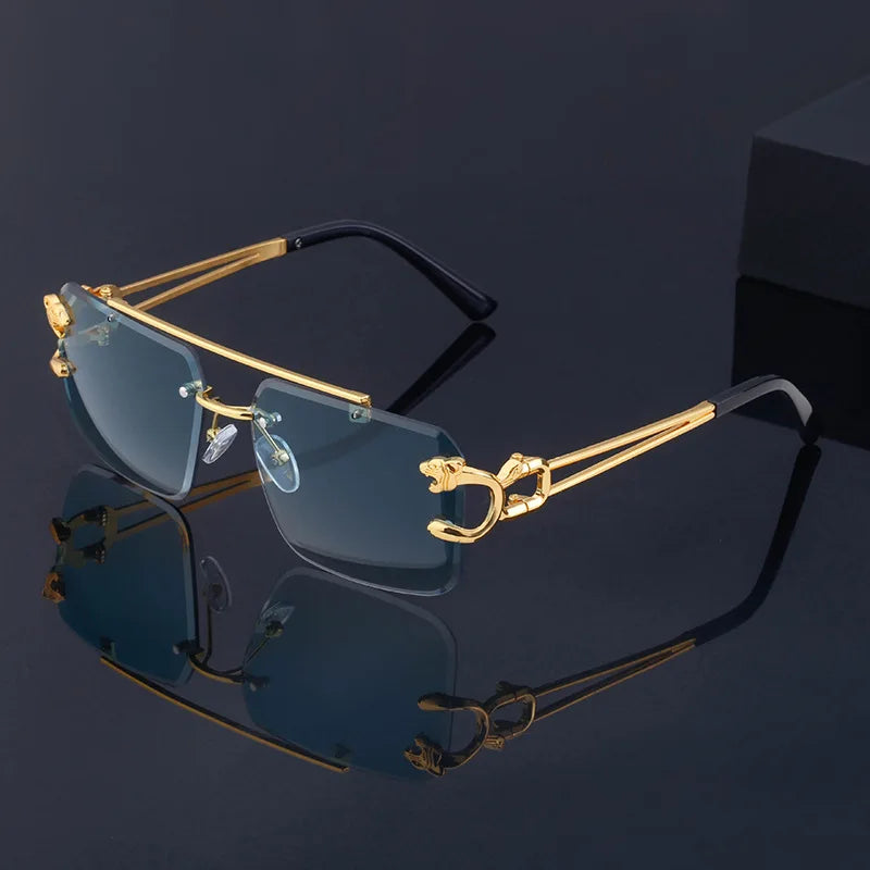 Double Bridge Rimless Eyewear Women Men Oversized Sun Glasses Designer Famous Brands Metal Leopard Head Sunglasses