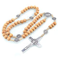 Pine Wood 8mm Beads Saint Benedict Rosary Cord Catholic Cross Necklace Religious Rosaries