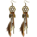 Vintage Ethnic Charm Leaf Dreamcathcher Women Bohemian Long Chain Feather Tassel Boho Earring Jewelry