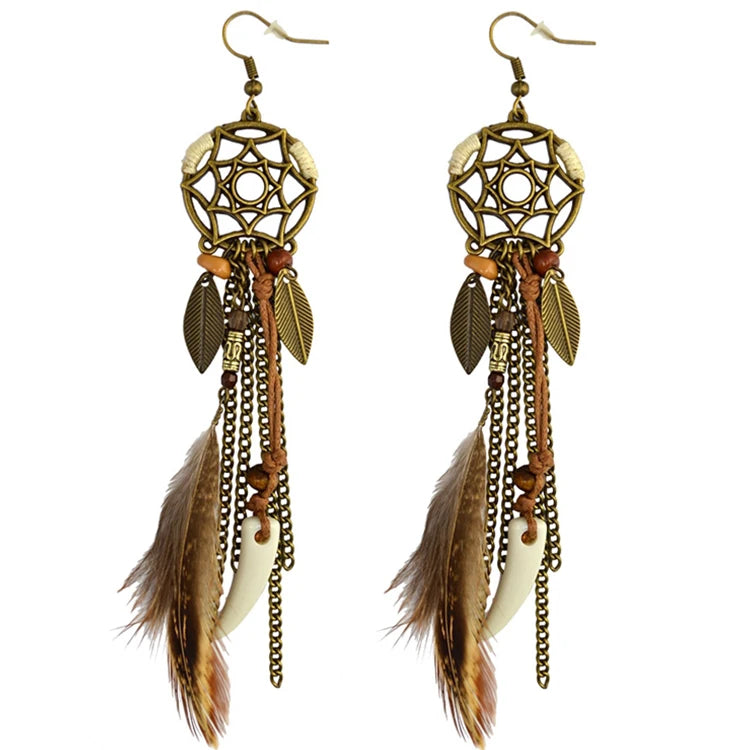 Vintage Ethnic Charm Leaf Dreamcathcher Women Bohemian Long Chain Feather Tassel Boho Earring Jewelry