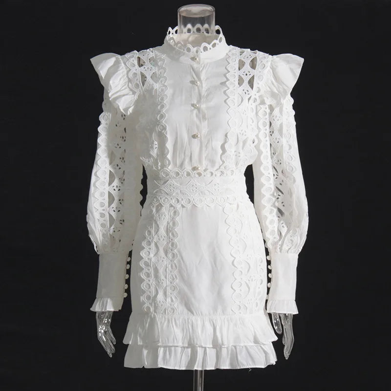 Elegant Ladies Style 2023 Autumn Round Neck Lace Edge Long Sleeve Waist Shirt Mid-waist Skirt Suit Women