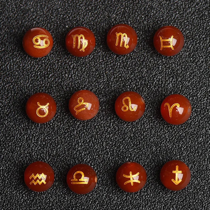 8mm 10mm Natural Stone Red Carnelian Black Agate Gilding Carving 12 Constellations Crystal Loose Beads for DIY Jewelry Makin