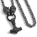 Antique Finish Viking Jewelry Mens Jewelry Stainless Steel King Chain Wolf Hold Thor Mjolnir Hammer Necklace