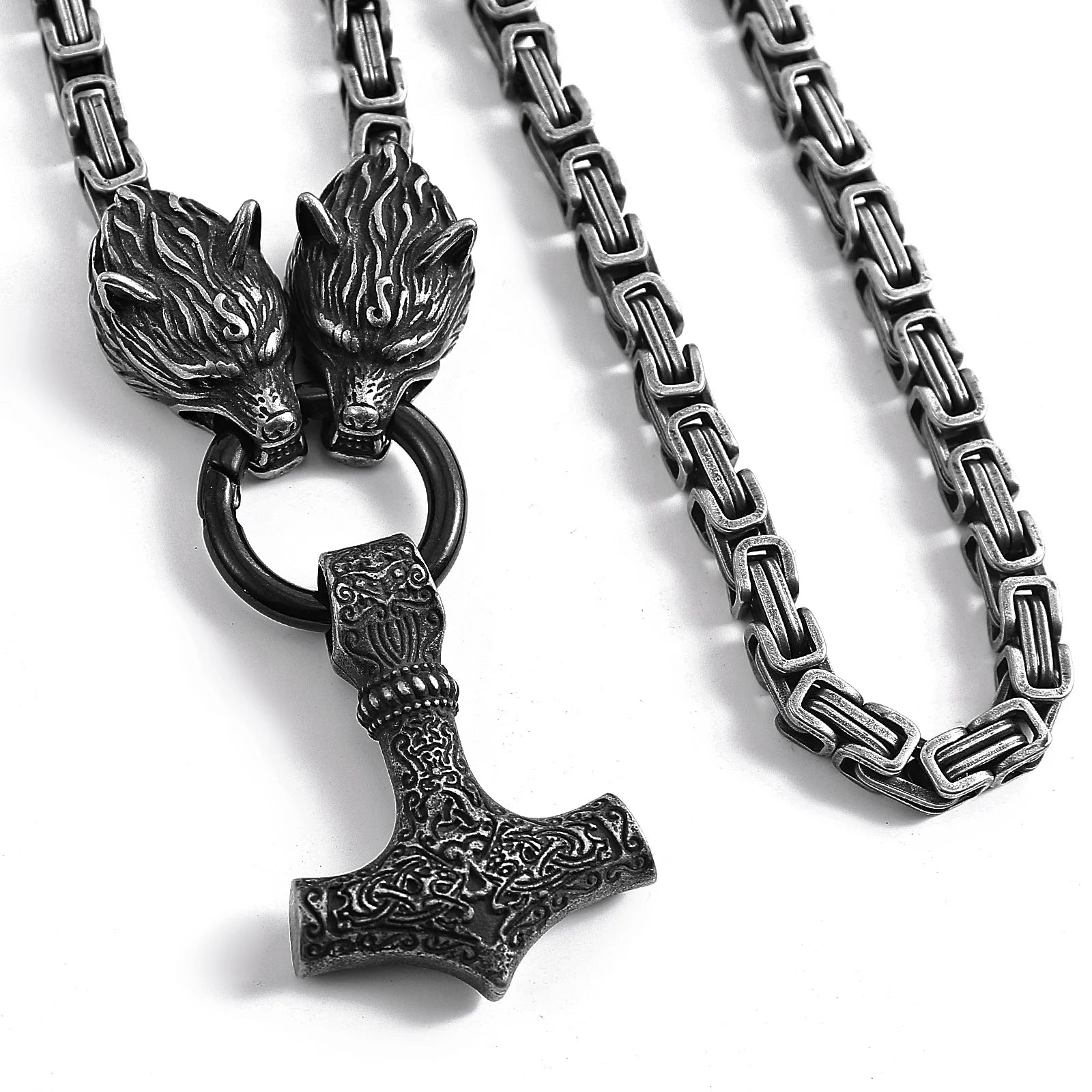 Antique Finish Viking Jewelry Mens Jewelry Stainless Steel King Chain Wolf Hold Thor Mjolnir Hammer Necklace