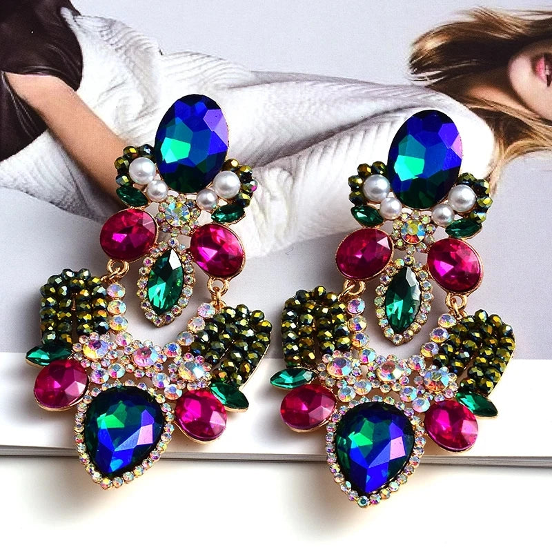 Kaimei New Style Statement Long Crystal Metal Dangle Drop Earrings High-Quality Fashion Glass Jewelry Accessories for Women