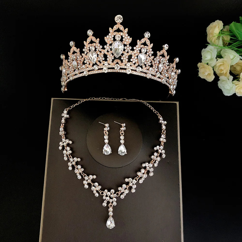 Bridal Jewelry Set Crystal Crown Necklace Earrings Set Bride Tiara Wedding Head Jewelry Set for Women