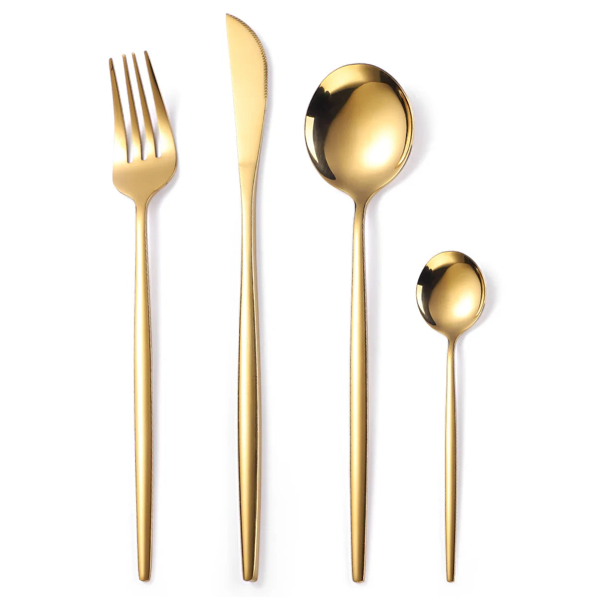 4pcs Gold Plated Stainless Steel Wedding Flatware Set Modern Design High Mirror Polish Dishwasher Safe Spoon Forks Knives for