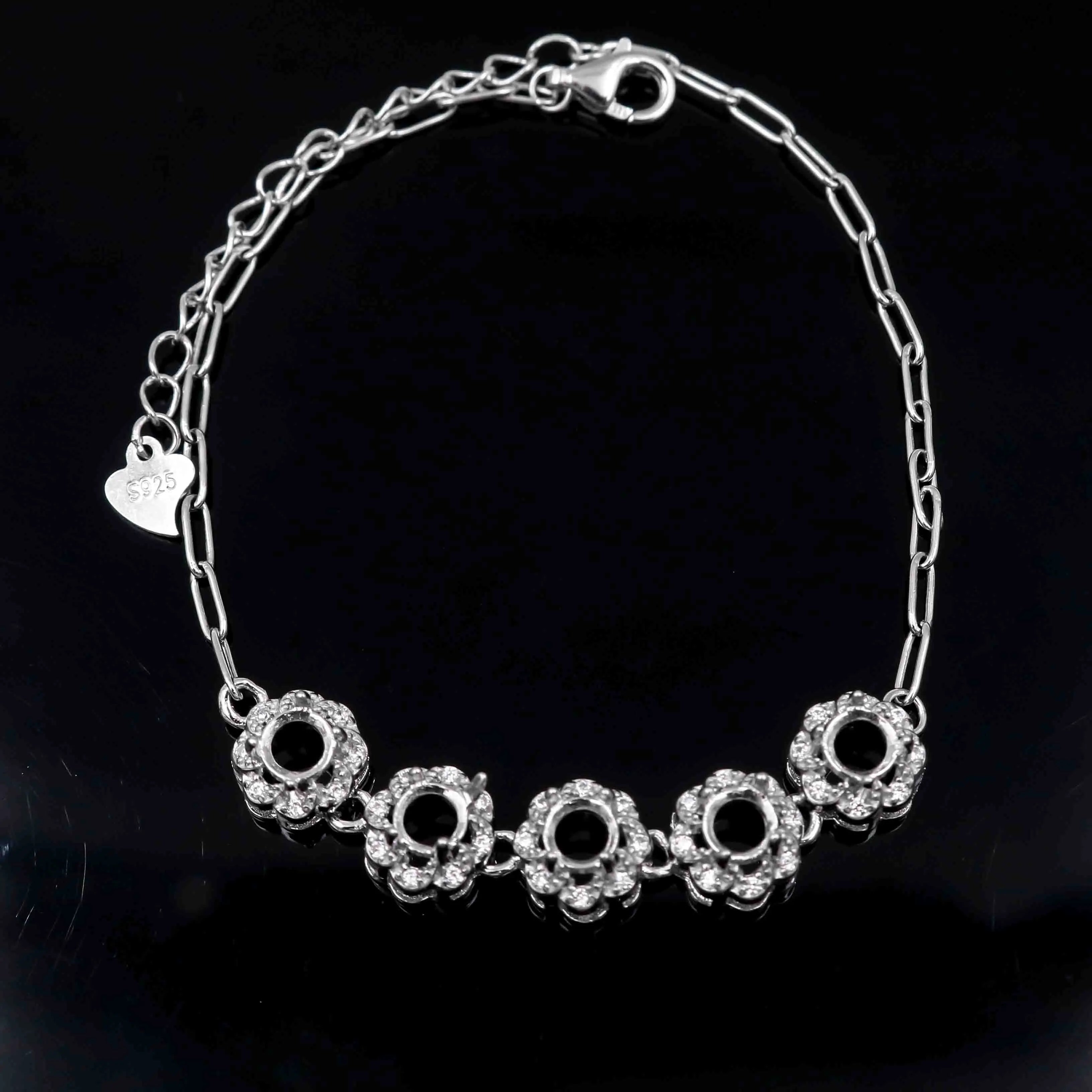 Sterling Silver 4*4mm Semi Mount Bracelet Empty Support Blank Claw Setting S925 Base Holder Without Center Stone for Inlay DIY