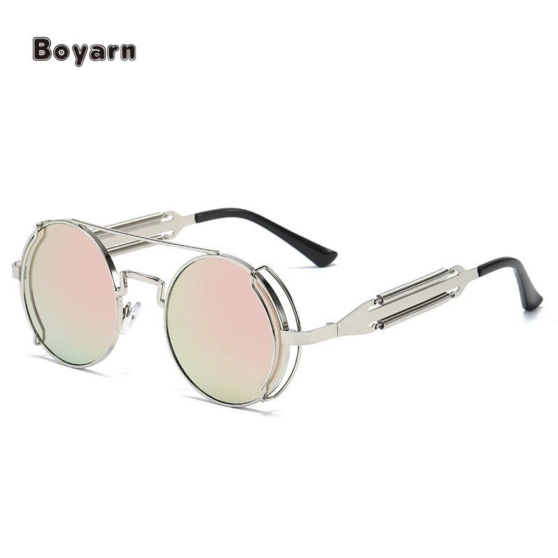 Boyarn Metal Double Spring Leg Vintage Steampunk Round Gothic Sunglasses Blue/Yellow UV400 High Quality Unisex Wholesale