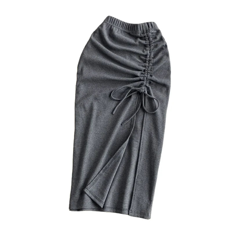 2024 Summer Korean Version of the New Retro High Waist Slim Skirt Women's Elastic Waist Drawstring Slim Slit Bag Hip Skirt