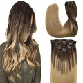Chocolate Brown Fading to Dirty Blonde Real Hair Extensions Clip in Human Hair Straight Natural Hair Clip in Extensions