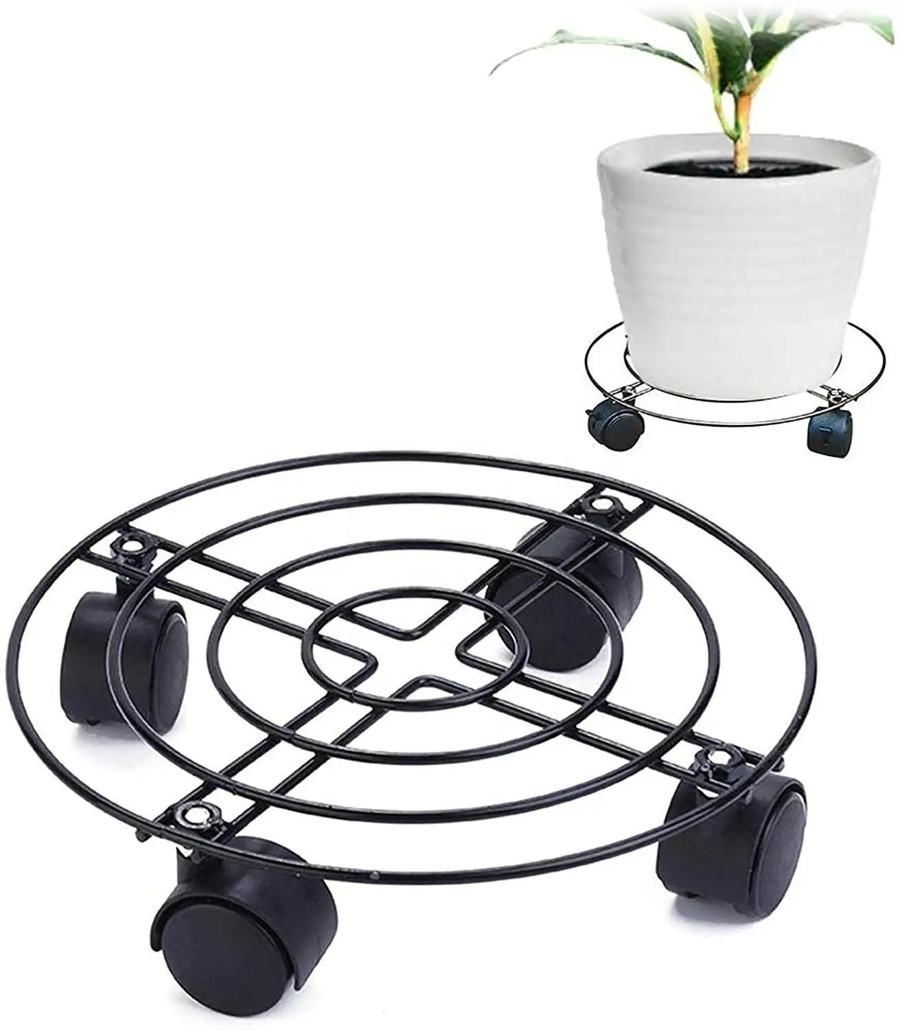 Contemporary 3-Wheel Plant Caddy Iron Flower Pot Tray Powder Coated Garden Movers Equipment Trolley Cart for Home Use