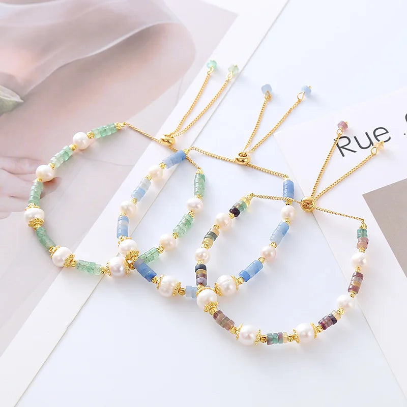 Charm Natural Freshwater Pearl Bracelet Adjustable Gold Plated Chain Crystal Stone Beaded Bracelet for Women
