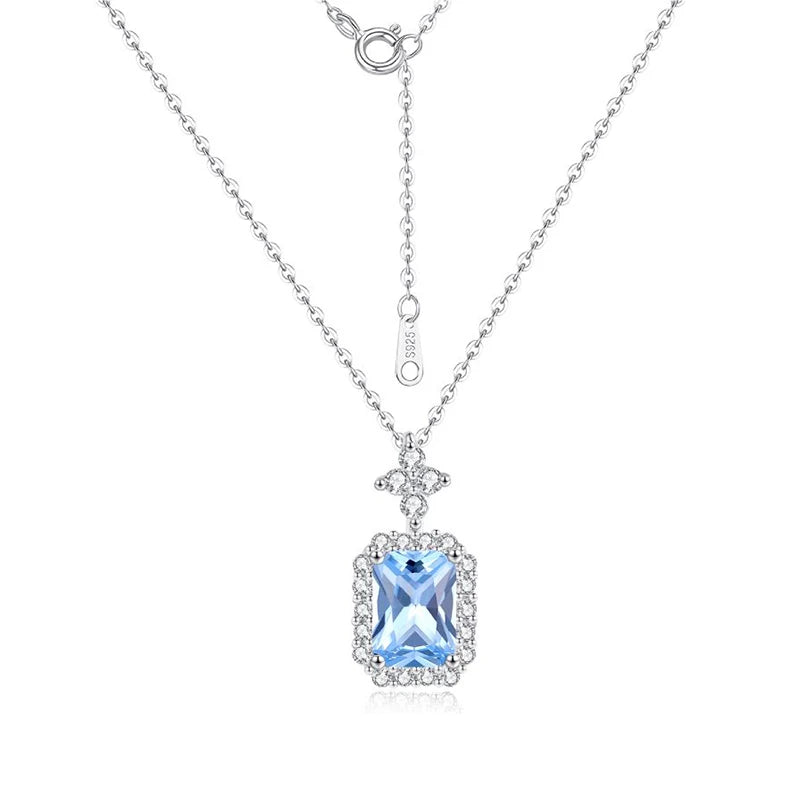 Lunxry Dainty Ladies Fine Jewelry 925 Sterling Silver Blue Zircon Gemstone Pendant Necklace for Women