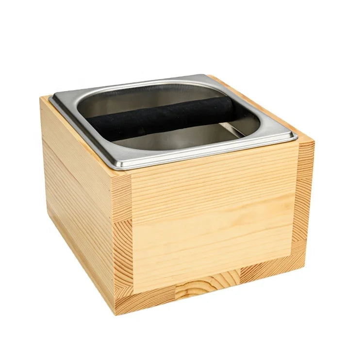 Stainless Steel Coffee Grind Knock Box Espresso Dump Bin Solid Wood Base Durable Wood Color