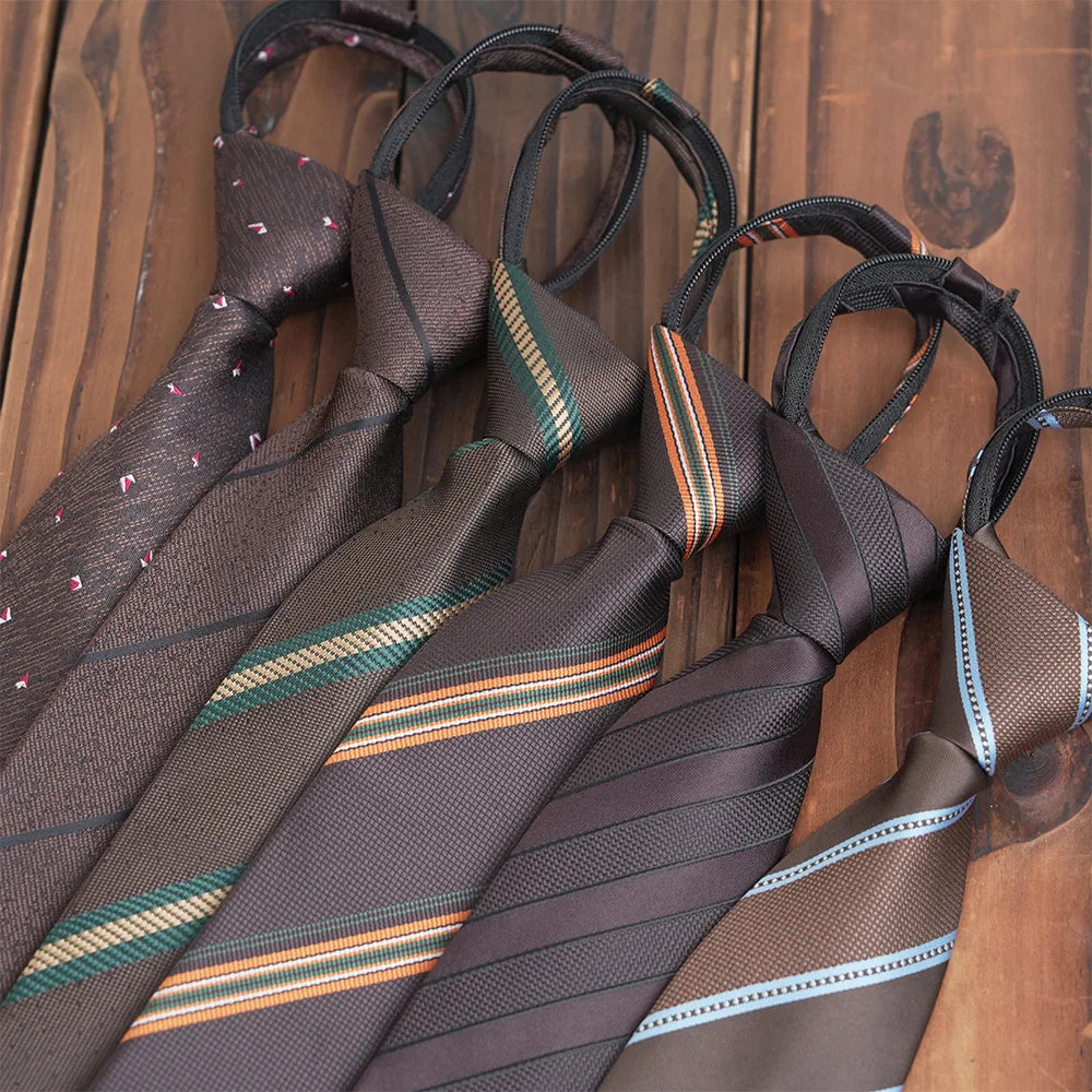 8cm Men's Brown Striped Zipper Necktie Formal Jacquard Print Polyester Tie Lazy Tie