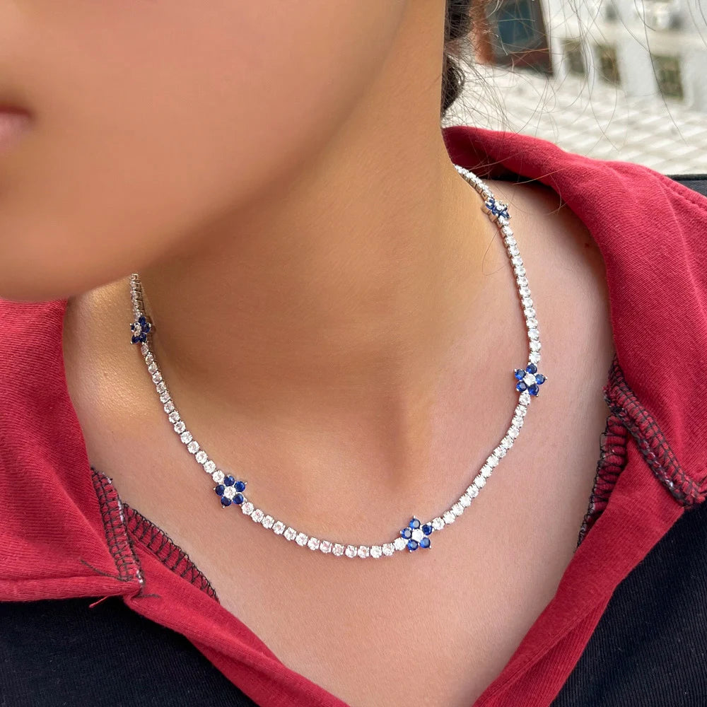 Premium Style Rhodium Plated Flower Tennis Charm Cubic Zirconia Crystal Necklace for Women Party CZ Jewelry Gift MegaBDM