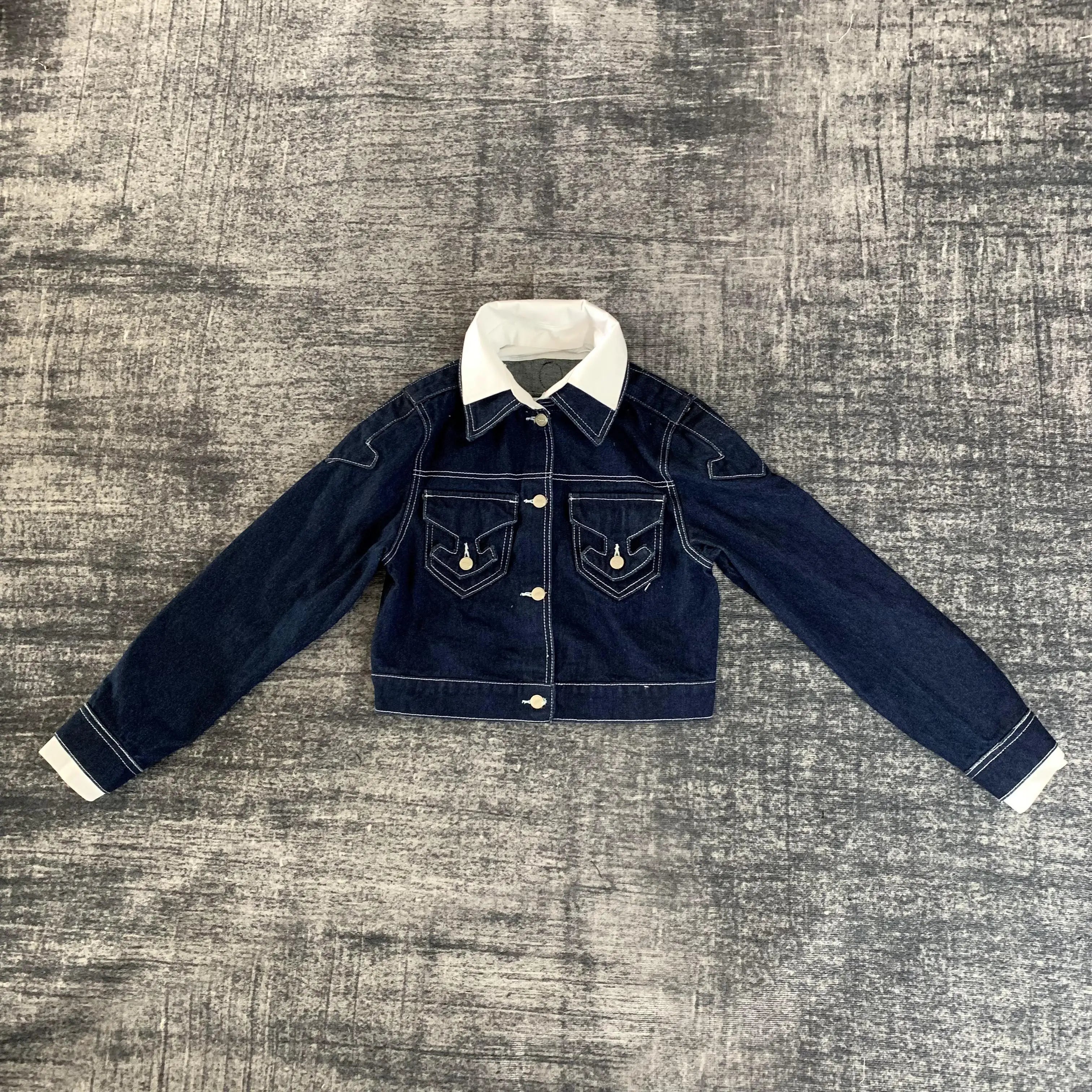 DENIMGUYS 2025 Women Dark Blue Denim Jacket Outerwear Long Sleeve Single Breasted Spring Female Chic Jean Cropped Top Jackets