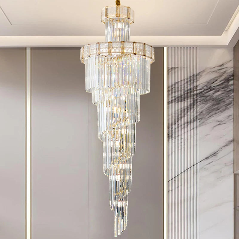 Modern Luxury Golden Staircase Multi-layer Long Crystal Chandelier Decoration Large Chandelier Hanging Lamp for Hotel Wedding