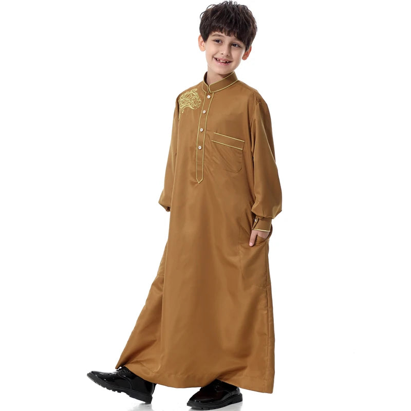 Embroidery Abaya Muslim Arab Boy Thobe Thawb Caftan Traditional Muslim Clothing Kids Robe With Buttons Islamic Clothing