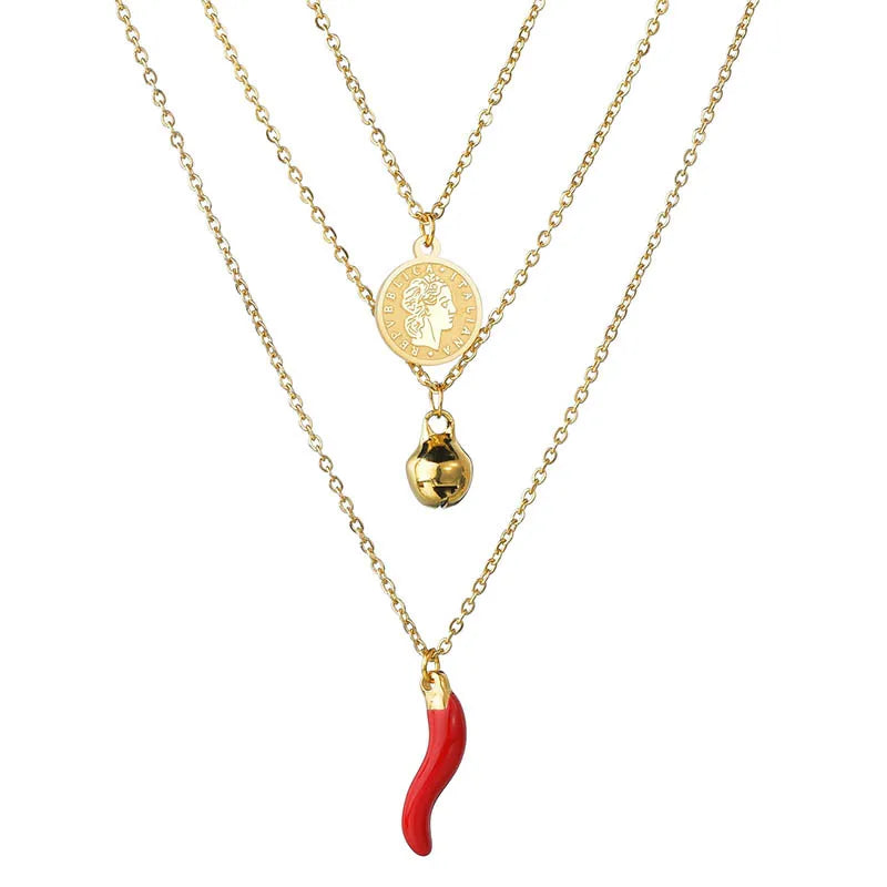 New Stainless Steel Three Layers Gold Chain Red Pepper Necklace Women