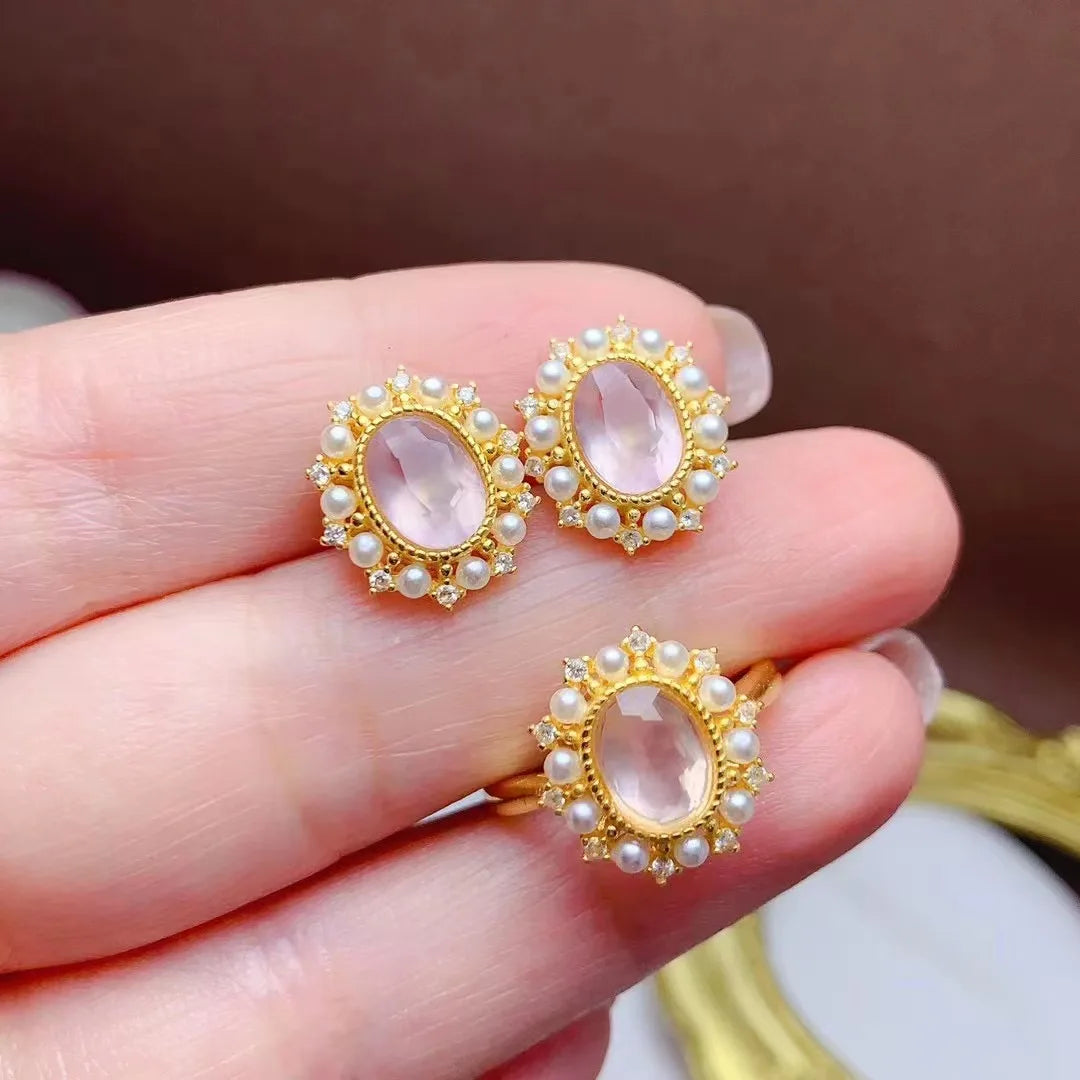Hot Popular 925 Sterling Silver 18k Gold Plated Natural Rose Quartz Fine Jewelry Sets for Women