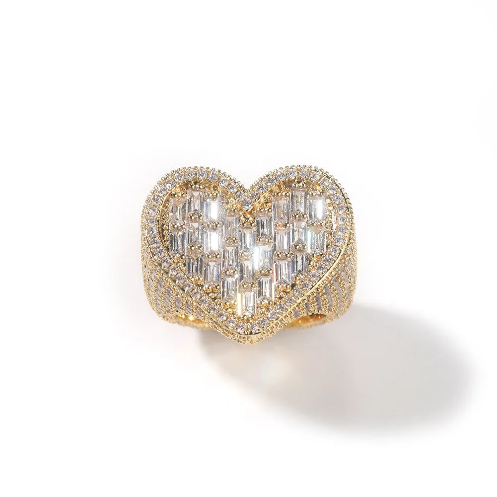 Luxury Women's Party Ring with Emerald Cut CZ Diamond Bling Bling Dainty Iced Baguette Heart Gold Rose Love Pinky Gold Color