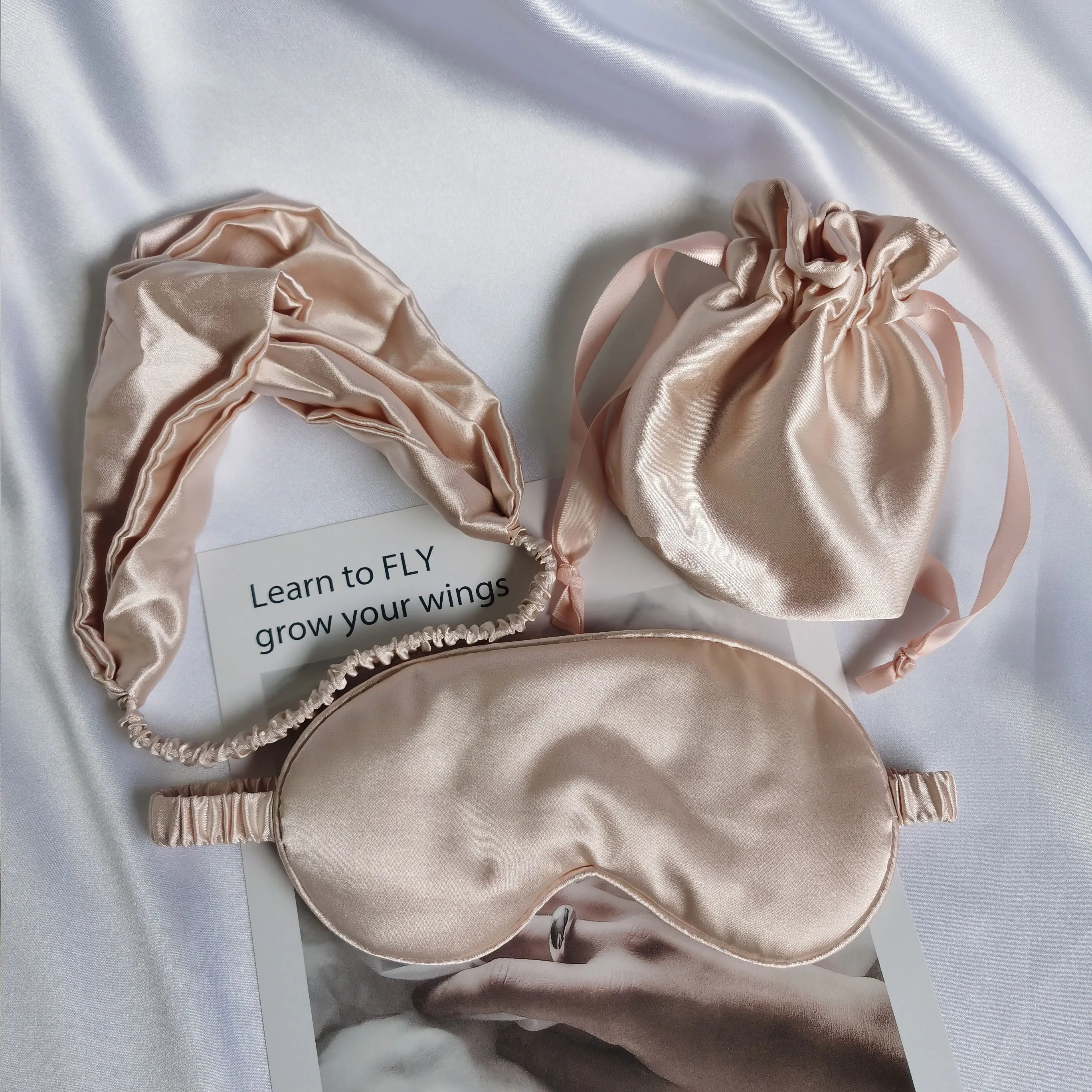 Heenlong Light Pink 3 Units Travel Silk Satin Shading Light Sleep Eye Mask Set with Hairband and Gift Bag