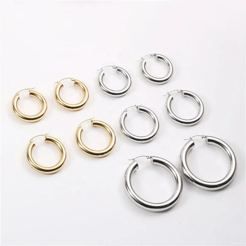 Fashion Chunky Hoops Earrings Quality 18K Gold Plated Stainless Steel Big Circle Hollow Chunky Hoop Earrings for Women