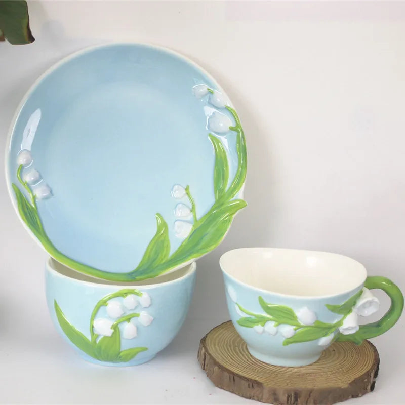 Solhui Original Hand-made Ceramic 3-D Orchid of the Valley Ceramic Dessert Cake Plate Creative Ceramic Coffee Mug