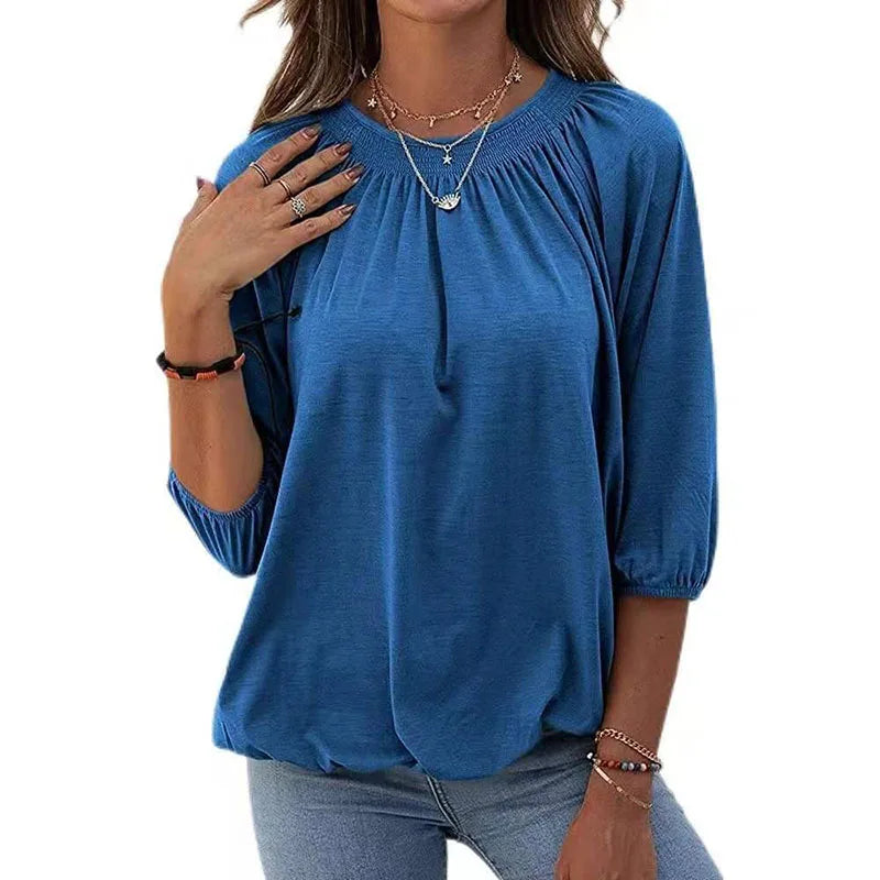RNSHANGER Fashion Women's T-shirt Solid Color Loose Round Neck 3/4 Sleeve Bottoming T-shirt Multi-color Optional Ladies Tee Top