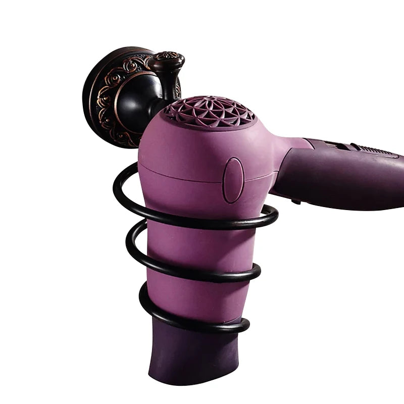 Homedec Wall Mounted Bathroom Black Metal Spiral Non-Folding Hair Dryer Holder Organizer Rack