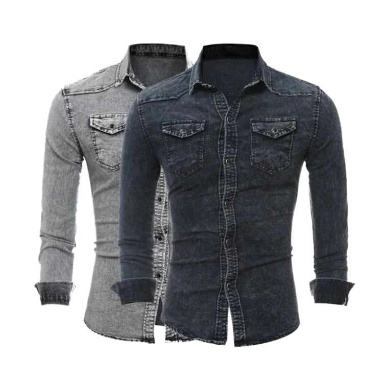 RNSHANGER Men's Spring Casual Denim Shirts Fashion Solid Color Long Sleeve Lapel Denim Tops Button Shirts with Pocket