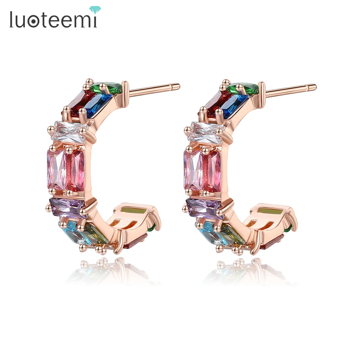 LUOTEEMI Gold Plated Brass 3A Zircon Rainbow Color Hoop Easter CZ Earrings Women Hoop Earing