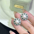 High-End 9.5-10mm Natural White Freshwater Pearls Emerald Sunflower Sutd Earrings for Women High End Freshwater Pearl Earrings